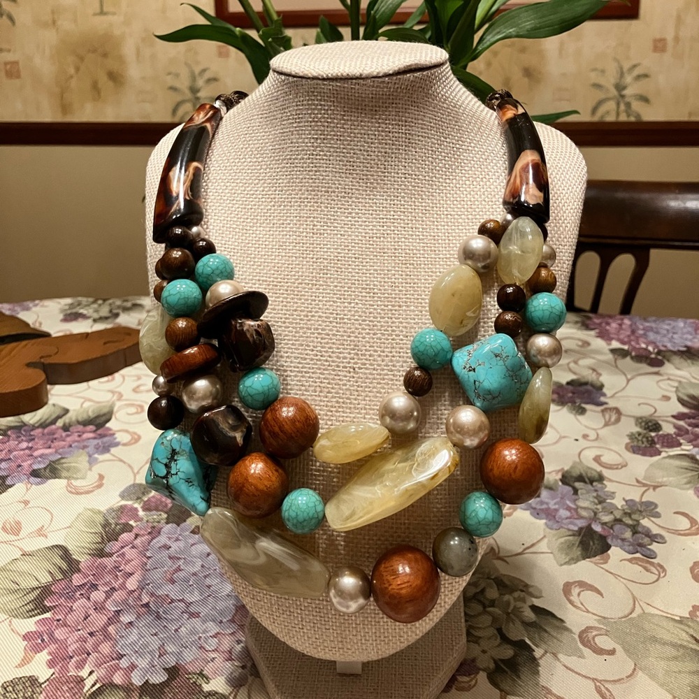 CHICOS ONE OF A KIND NECKLACE WITH AUTHENTIC TURQUOISE, ACRYLIC, WOOD and STONE